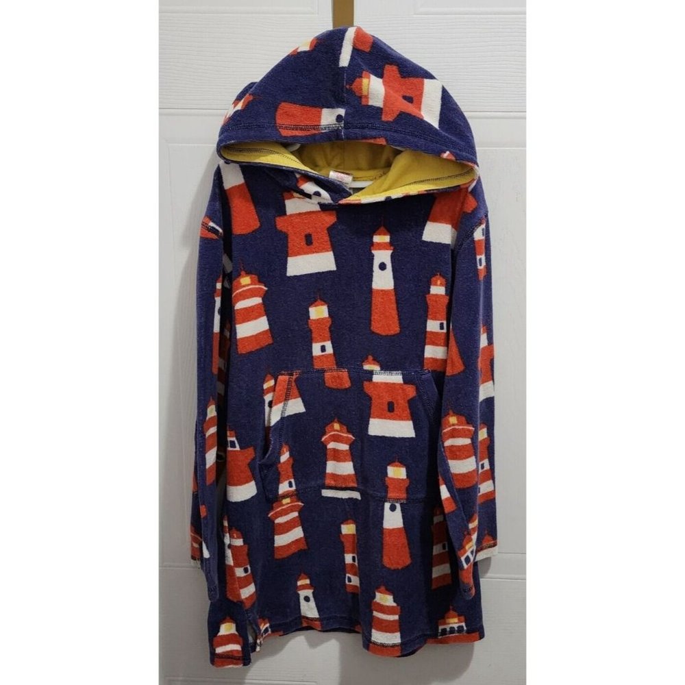 Mini Boden Kids Pullover Hooded Swim Coverup Terry Blue Lighthouse Print 9-10 Yr